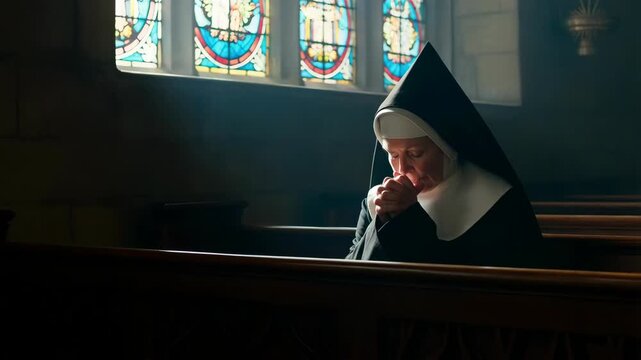 Nun in a traditional black and white habit praying in church with stained glass window featuring religion, catholic, clergy with faith and prayer