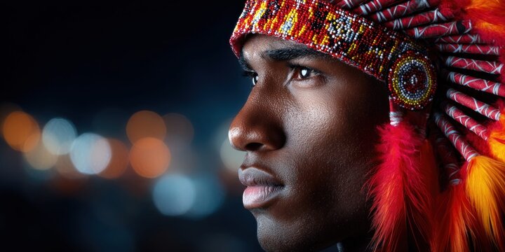 Close-up profile of a Black man wearing a colorful Native American headdress at night