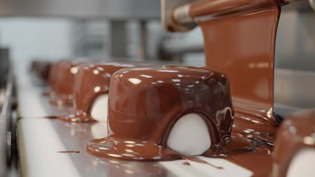 Chocolate coating a row of sweet marshmallow treats on a factory production line