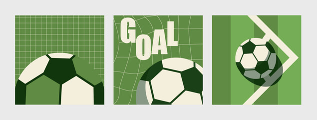 Soccer Goal Poster Set Vector with Football Ball Net and Corner Flag on Green Background for World Cup Championship Tournament Design © NancyPants