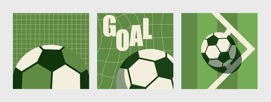 Soccer Goal Poster Set Vector with Football Ball Net and Corner Flag on Green Background for World Cup Championship Tournament Design