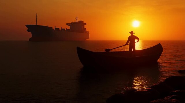 Boat silhouette on water with a person rowing at sunset, large ship in background. featuring ocean, sea, vessel with oar and orange sky elements for