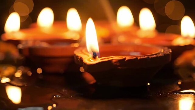 Shallow clay oil lamps glow on wet stone, flickering flames reflected in warm amber bokeh, evoking intimate ritual, quiet warmth and gentle motion in shadowed surroundings. Serene closeup glow..