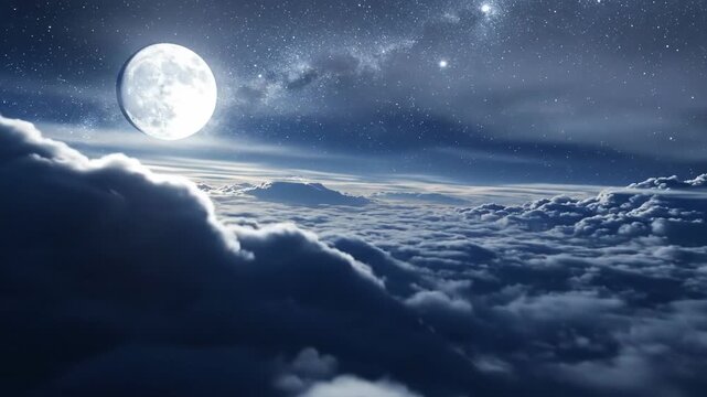 Silver full moon hangs over a vast sea of illuminated clouds, casting soft light and long shadows; distant stars sprinkle the deep indigo sky, evoking quiet wonder and serene nocturnal expanses