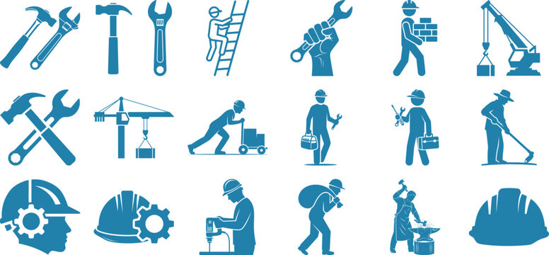 Collection of construction and industry icons with workers and tools illustration