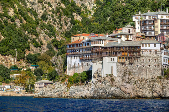 Mount Athos, Agion Oros, Grigorios monastery architecture, on kentriki makedonia. Ancient greek orthodox religious site.