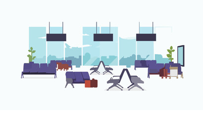 Naklejka premium Empty airport terminal waiting lounge with airplanes flat vector illustration