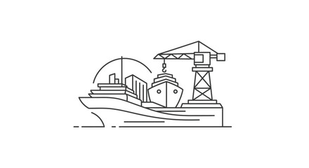 Naklejka premium Cargo Ship with Crane Illustration Outline.