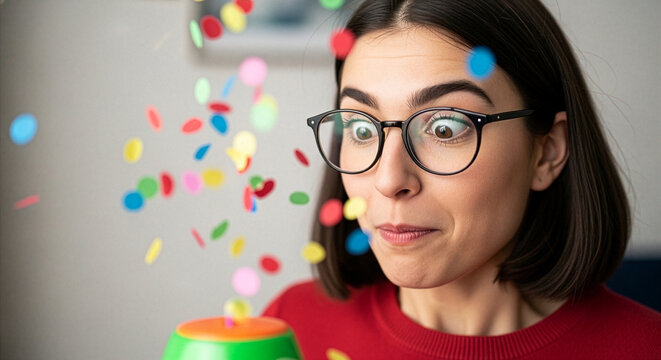A candid moment of someone getting surprised with confetti or prank toy