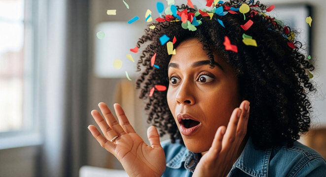 A candid moment of someone getting surprised with confetti or prank toy