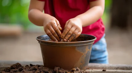 Child patting a bucket of mud with both hands, messy sensory play and tactile exploration concept, outdoor childhood lifestyle, defocused background, with copy space © Nataliya