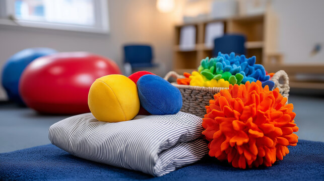 Sensory room equipped with tactile toys and calming visuals for children with sensory processing disorder, therapy environment concept, defocused background, with copy space