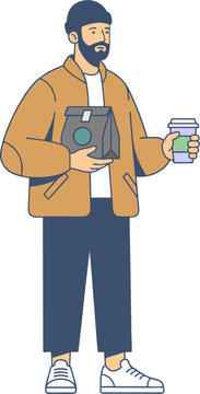 Man in casual outfit holding camera and coffee cup on p17.eps