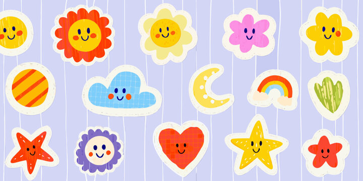 Colorful hand drawn shapes and celestial objects hang on a lilac background