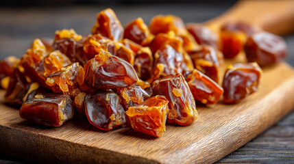 Fototapeta premium Extreme close-up of chopped dates with sticky textured surface, tactile food background and sensory realism concept, shallow depth of field, with copy space