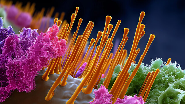 Colorized scanning electron microscope image of sensory hair cells and nerve endings close-up, neuroscience and biology concept, with copy space