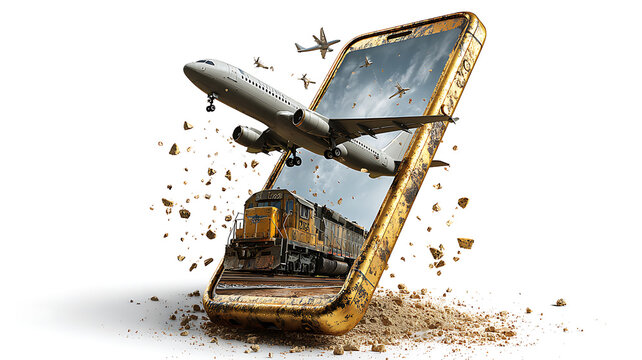 Retro style collage of old cellphone train plane and ship on white background vintage