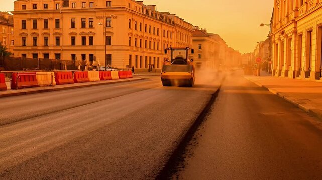 Road roller compacting asphalt on urban street with buildings at sunset