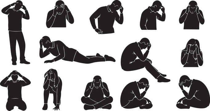 Silhouettes of people in various stressed poses and emotions