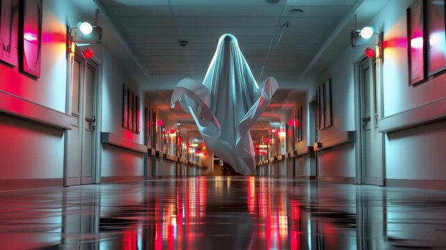A mysterious ghost floating in a hospital corridor tells a haunting supernatural story, creating an eerie cinematic background