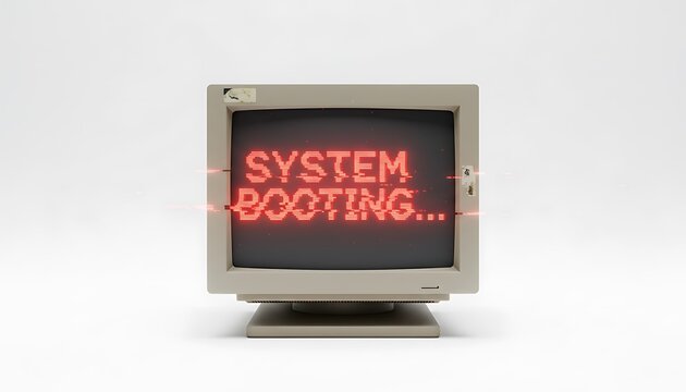 Vintage desktop computer monitor displaying a retro-style system initialization message, evoking the nostalgic era of early computing technology