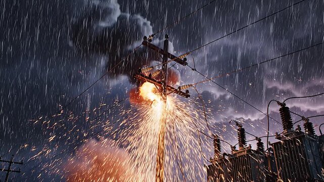 Intense electric transformer fire on a utility pole during heavy rain, dangerous electrical sparks and emergency situation, high risk of power failure in stormy weather.