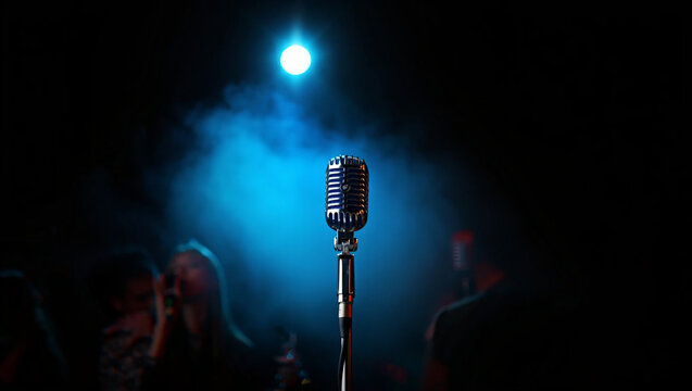 Vintage microphone on stage with blue spotlight for jazz music performance