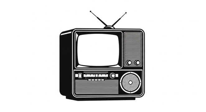 Vintage Television Set with Antenna in Black and White Illustration.