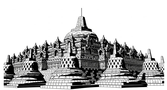 Detailed Black and White Illustration of the Borobudur Temple.