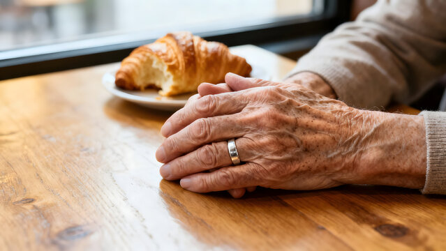 Waiting with Anticipation: Captured here, a still life evokes quiet reflection; weathered hands rest gently on a warm wooden table next to a half-eaten golden croissant, ready to be enjoyed.
