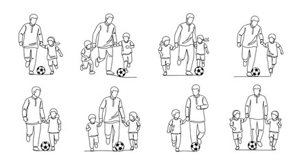 Fototapeta premium Line art illustration of families walking with children and soccer balls