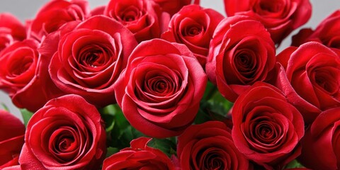 Fototapeta premium Close-up of a lush bouquet of vibrant red roses with delicate water droplets