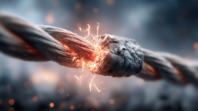 Close-up of a frayed electrical cable sparking with intense heat and energy