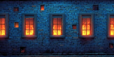 Fototapeta premium Cozy windows glowing with warm firelight on a dark brick building facade