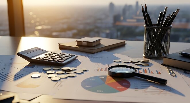 Business office desk with calculator and charts on paper documents