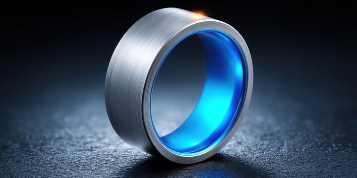 Sleek brushed metal ring with vibrant blue interior and subtle orange glow
