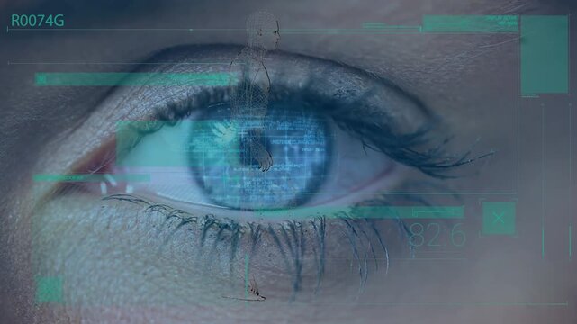 Animation of data processing over eye of woman