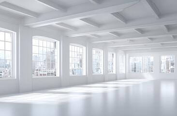 Fototapeta premium A bright, spacious interior with numerous tall windows offering city views, bathed in natural light, with beams across the ceiling
