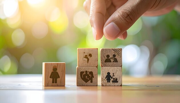 Family Health and Wellbeing Concept  wooden blocks 