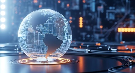Fototapeta premium A futuristic glowing globe with a grid pattern on a dark background with wires