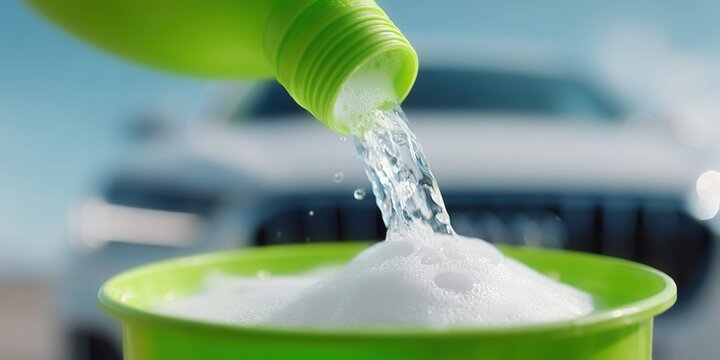 Pouring green liquid into a bucket creating foam for car washing