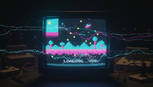 Retro gaming screen displays pixelated landscape with data streams overlaying the vintage monitor's visuals