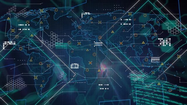 Animation of network of connections with icons over dna and dna and dna and constellations