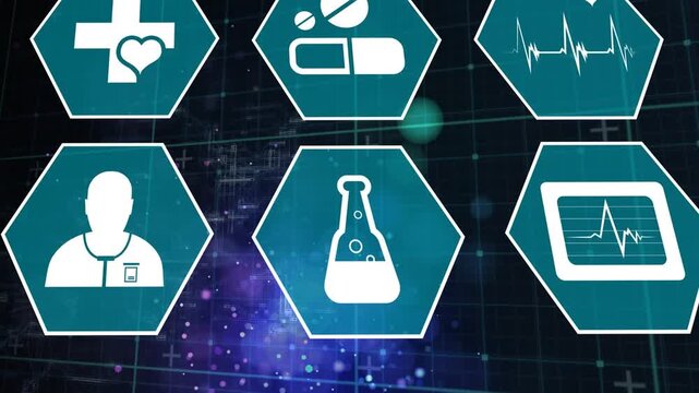 Animation of scientific icons in hexagons over violet and navy background