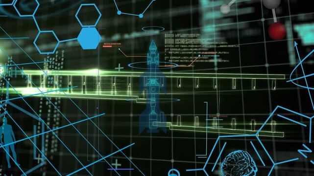 Animation of chemical formulas, dna and data processing on black background