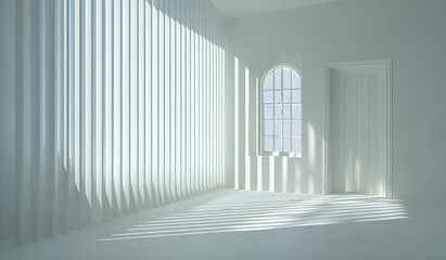 Fototapeta premium A stark white interior space features strong linear shadows cast across walls and floors from an arched window, creating a minimalist effect