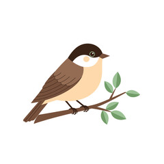 Fototapeta premium Cute Chickadee Bird Sitting on a Tree Branch with Green Leaves, Isolated on White Background