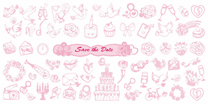 Romantic wedding elements and decorations in a pink doodle style