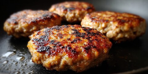 Juicy homemade burger patties sizzling on a hot cast iron skillet with oil