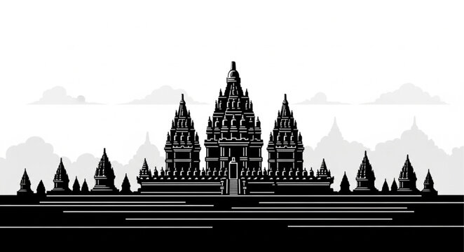 Prambanan Temple Silhouette - A Majestic Architectural Icon in Black and White.